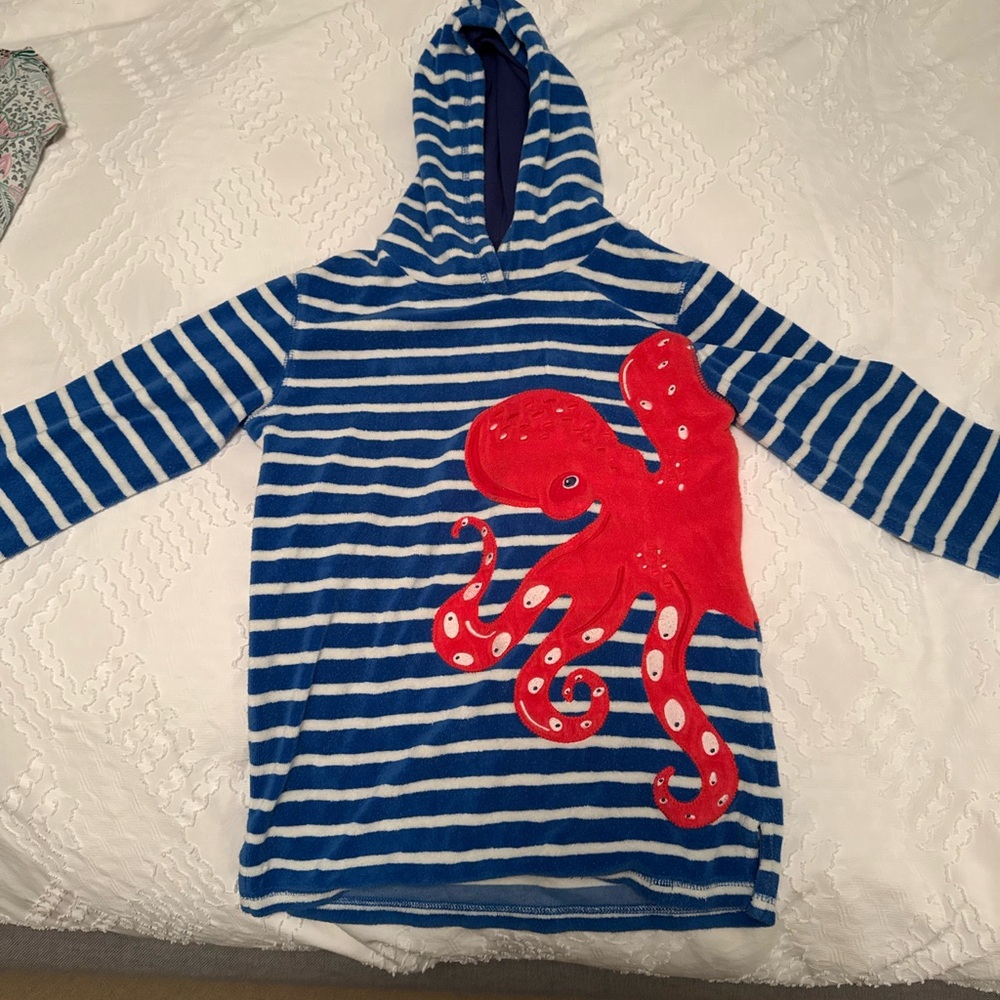 Blue and White Striped terry cloth pool coverup with Red octopus appliqué